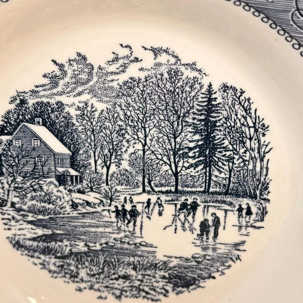 Vintage Royal China Currier and Ives Blue Transferware 5 Piece Dinnerware Set